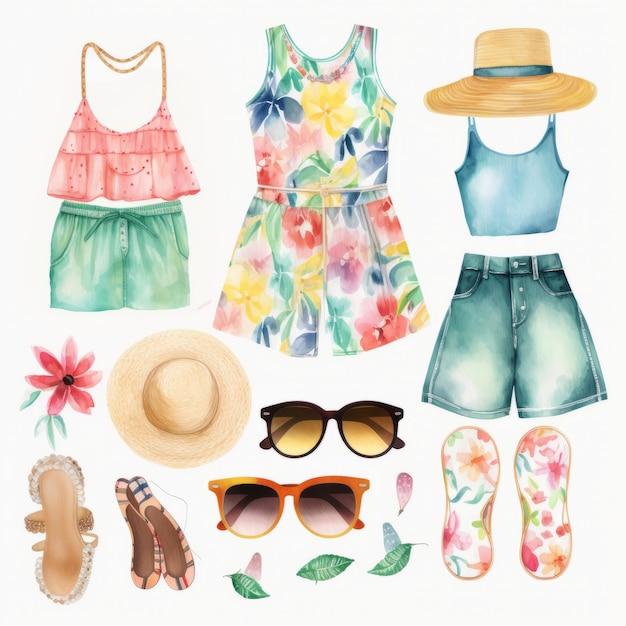 Watercolor summer fashion set Hand drawn illustration with beach accessories