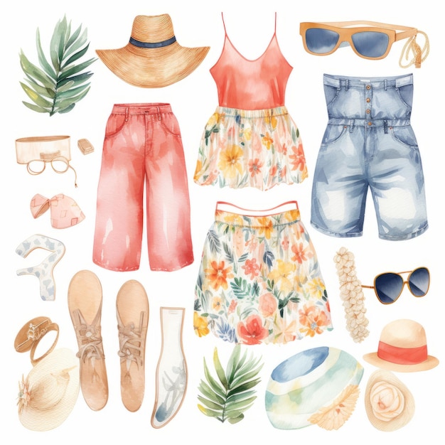 Watercolor summer fashion set Hand drawn illustration with beach accessories