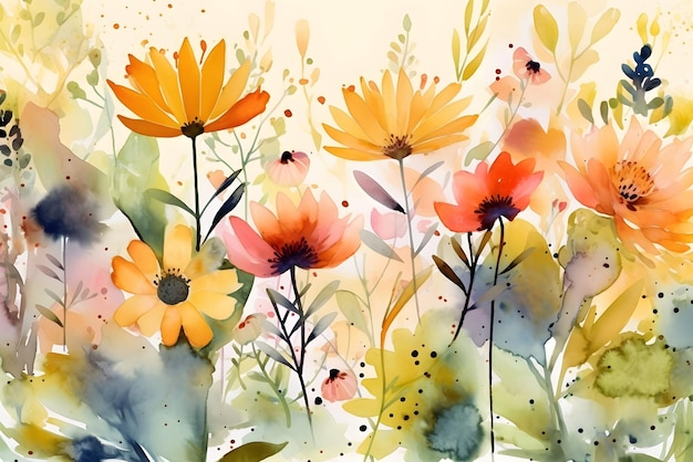 Watercolor summer flowers background Generative AI