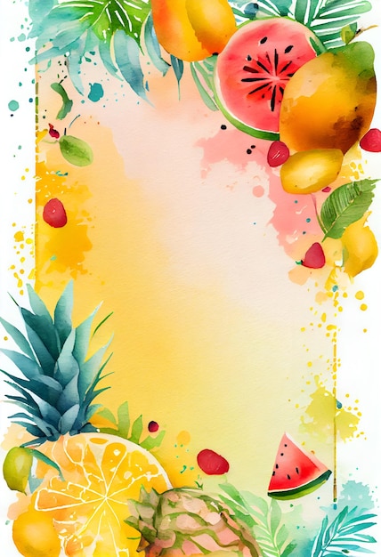 Watercolor summer fruits illustration with space for text on a yellow background Generative AI