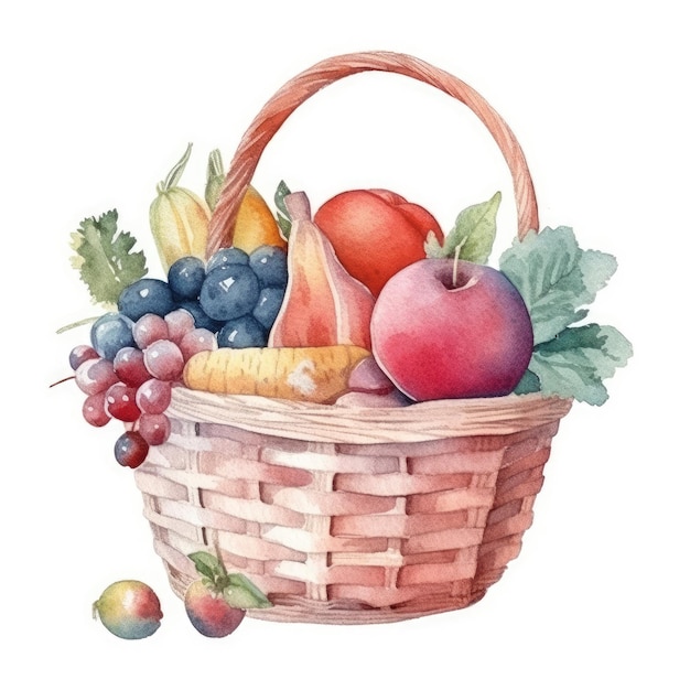 Watercolor summer fruits and vegetables arranged in a basket