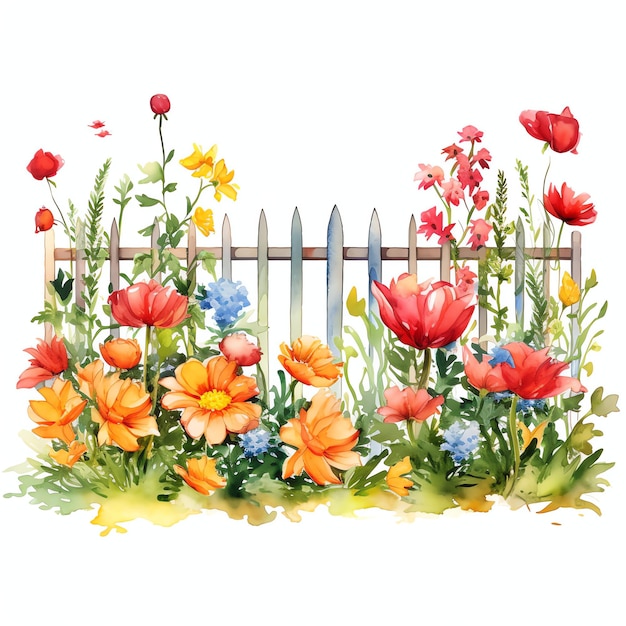 watercolor summer garden fence with flowers illustration spring floral clipart