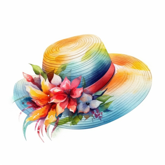 watercolor summer hat with flowers