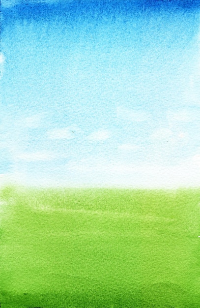 Watercolor summer landscape with green field and blue sky