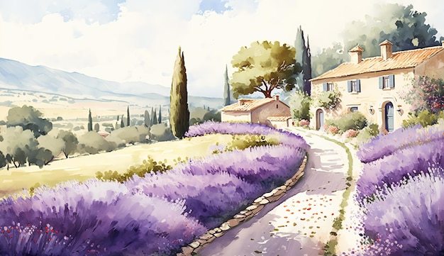 Watercolor summer Provence landscape with trees lavender flowers and house Ai generated