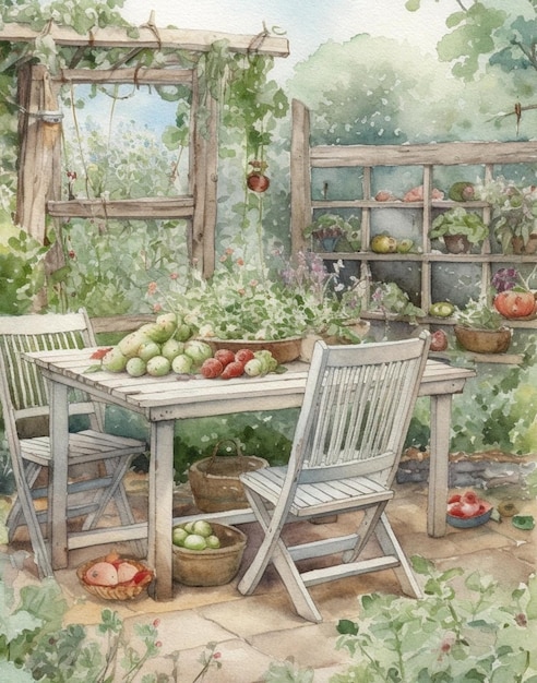 watercolor summer vintage drawing of a summer house in the village in the garden and with a vegetabl