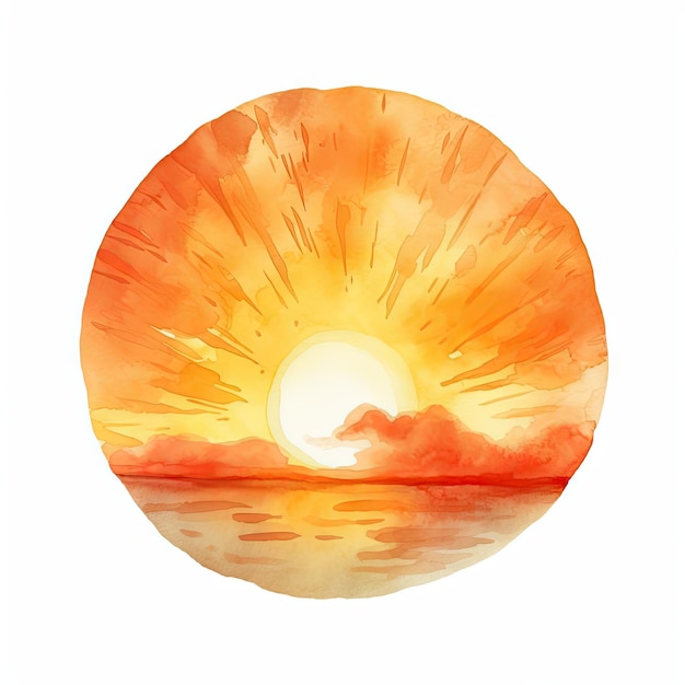 Watercolor Sun Sun rays Sunset or Sunrise Hand Drawn Imitation of Watercolor Solar Picture Isolated