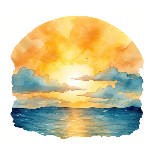 Watercolor Sun Sun rays Sunset or Sunrise Hand Drawn Imitation of Watercolor Solar Picture Isolated