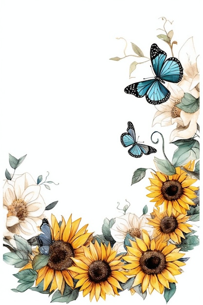 A watercolor sunflower border with butterflies and a blue butterfly.