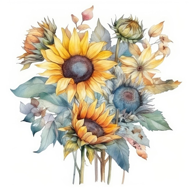 Watercolor of a sunflower bouquet with various colors and sizes