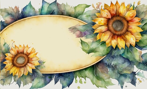 Watercolor sunflower card oval