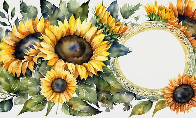 Watercolor sunflower card oval