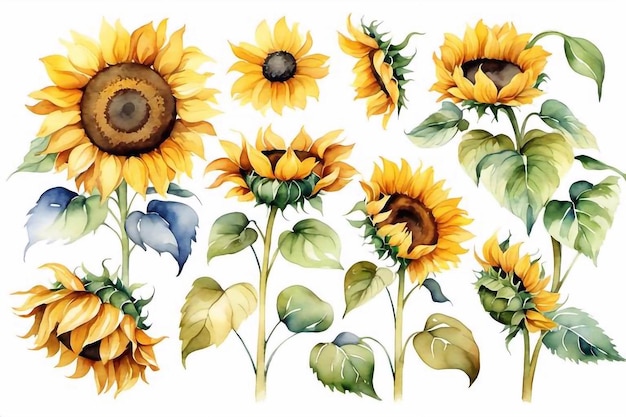 Watercolor sunflowers bouquet with floral green leaves clipart illustration natural flower set