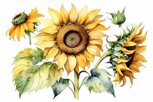 Watercolor sunflowers bouquet with floral green leaves clipart illustration natural flower set