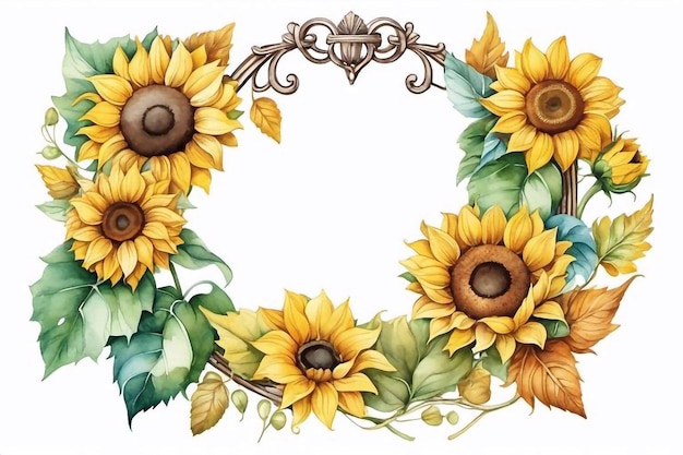 Watercolor sunflowers bouquet with floral green leaves clipart illustration natural flower set