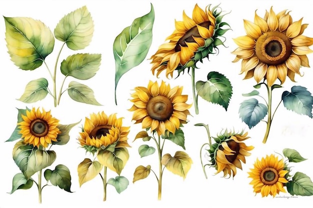 Watercolor sunflowers bouquet with floral green leaves clipart illustration natural flower set