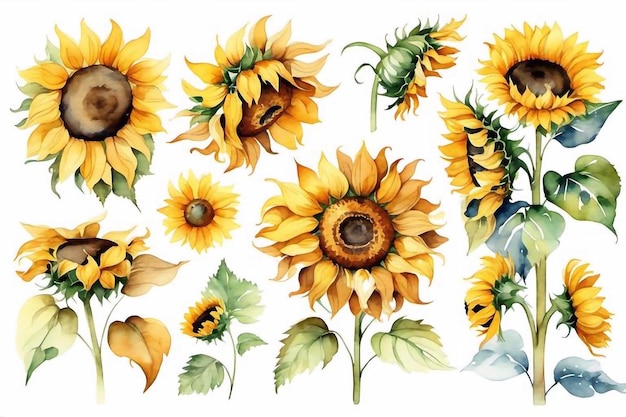 Watercolor sunflowers bouquet with floral green leaves clipart illustration natural flower set