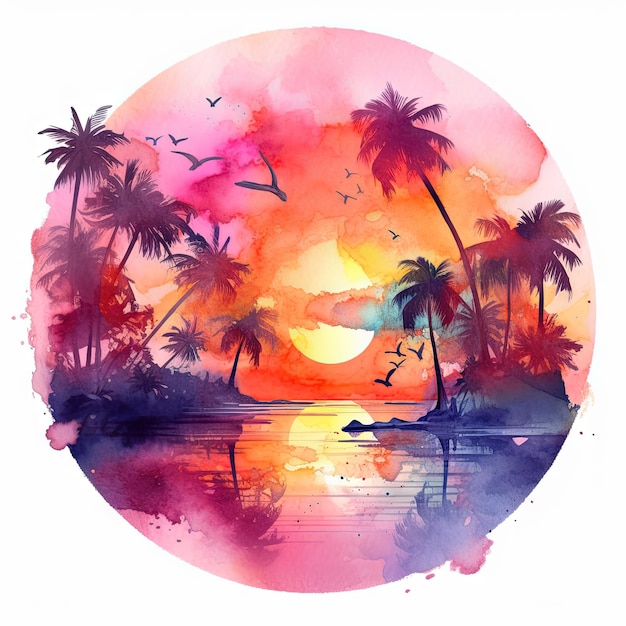 Watercolor of a sunset on a tropical island