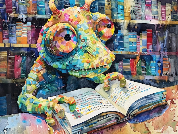 Watercolor A surreal depiction of a studious monster immersed in ancient texts