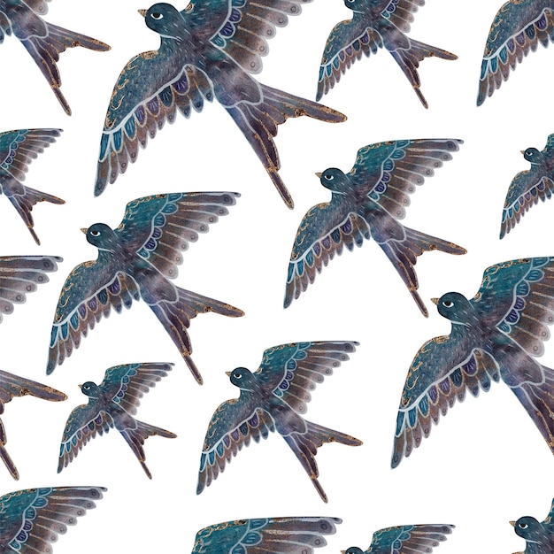 Watercolor swallow on a white background Seamless pattern