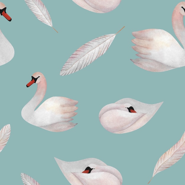 Watercolor swan feather seamless pattern for wallpaper textile wrapping clothes baby decor 2024 Azur