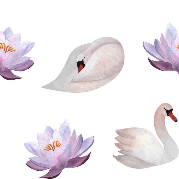 Watercolor swan purple waterlily seamless pattern Wrapping paper clothes decor 2024 wallpaper Print