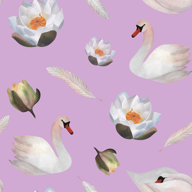 Watercolor swans waterlilies seamless pattern Hand drawn illustration pastel birds flowers feathers