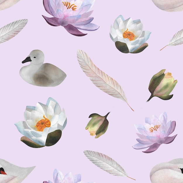 Watercolor swans and waterlilies seamless pattern Pastel birds little swans flowers and feathers