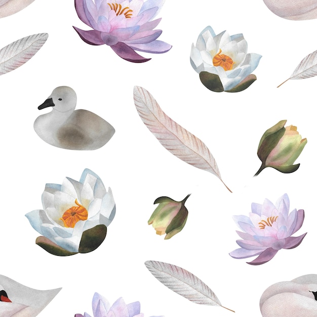 Watercolor swans waterlilies seamless print For wrapping paper clothes baby decor 2024 wallpaper