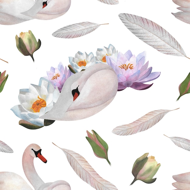 Watercolor swans waterlilies seamless print Wrapping paper decor 2024 wallpaper