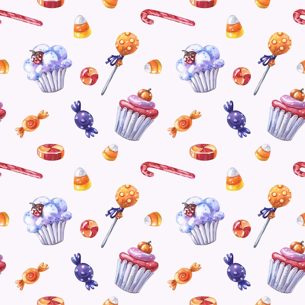 Watercolor sweet Halloween Seamless pattern with cupcake