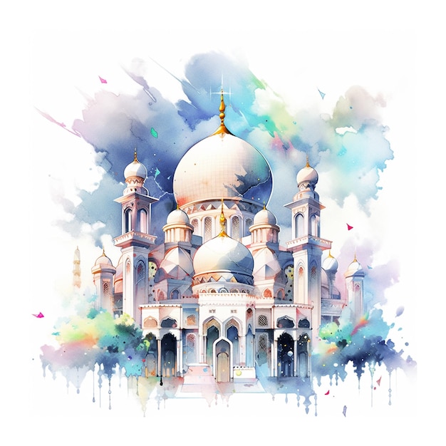 a watercolor taj mahal on white backgound