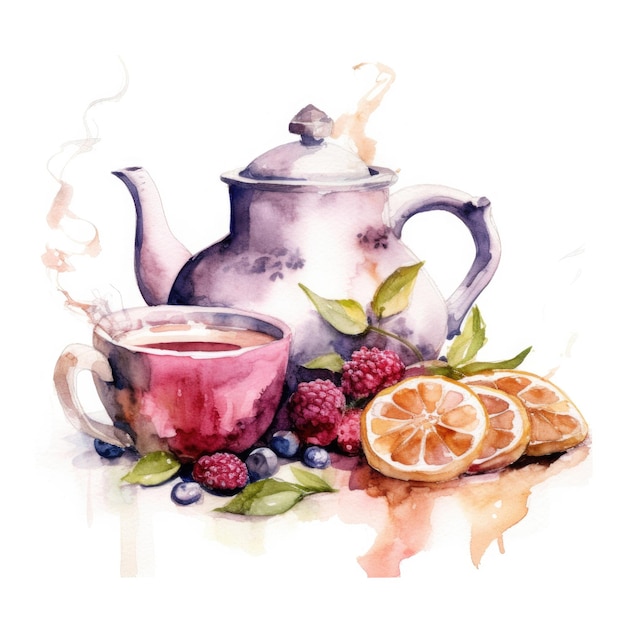 Watercolor tea with teapot Illustration AI GenerativexA