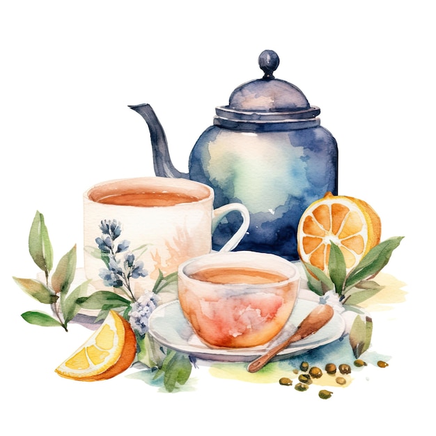 Watercolor tea with teapot Illustration AI GenerativexA