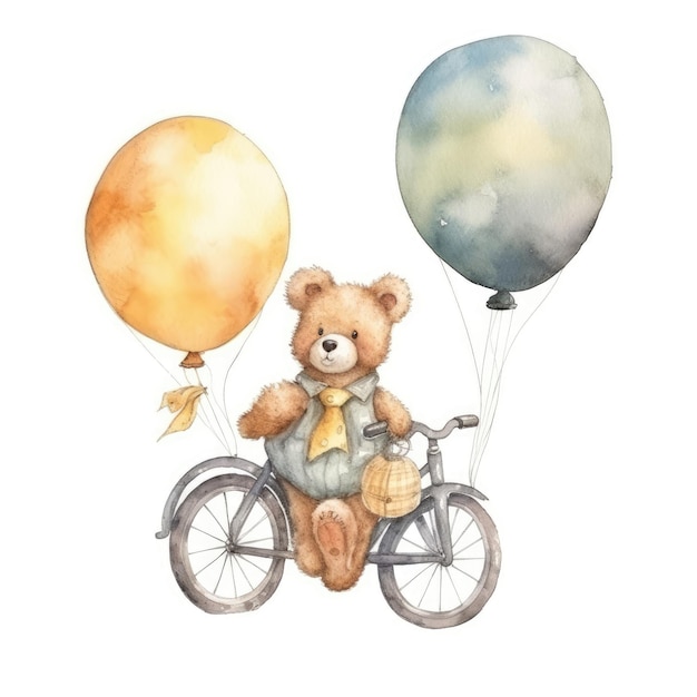 Watercolor teddy bear on a bike