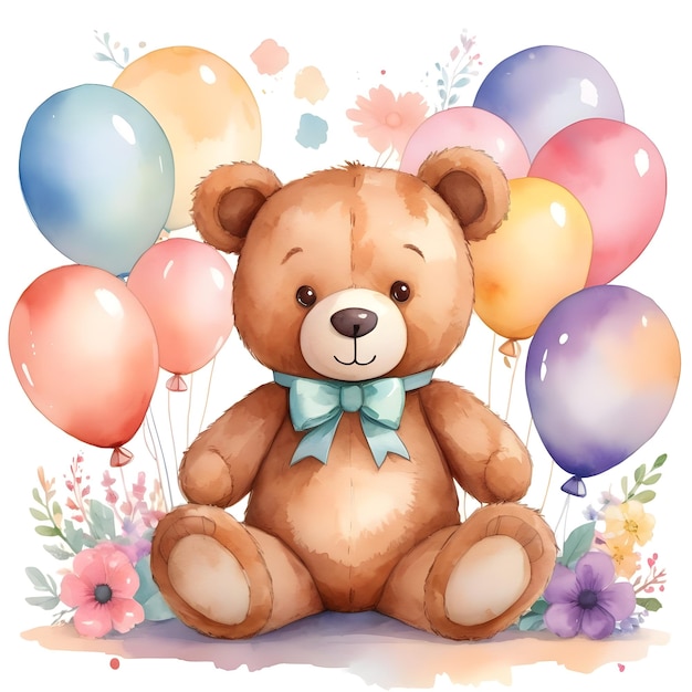 a watercolor teddy bear sits next to balloons