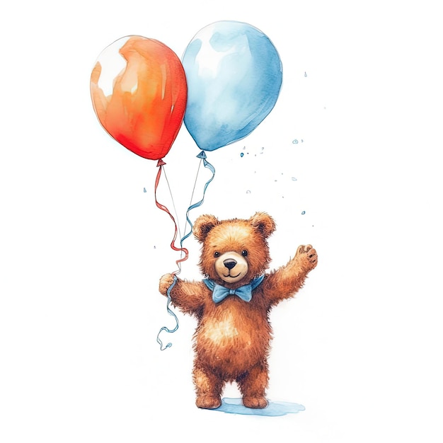 Watercolor teddy bear with balloons Illustration AI GenerativexA