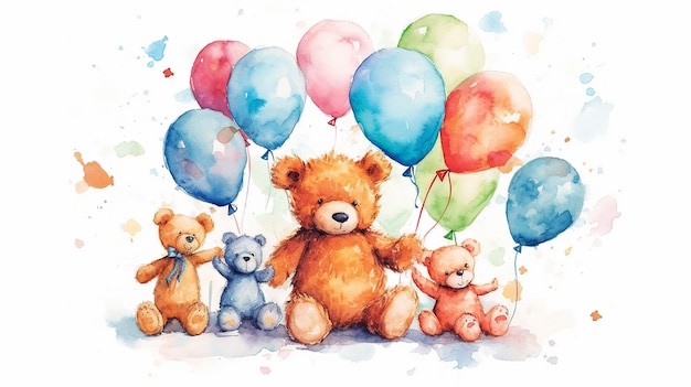 Watercolor teddy bear with balloons illustration Generative AI