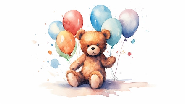 Watercolor teddy bear with balloons illustration Generative AI