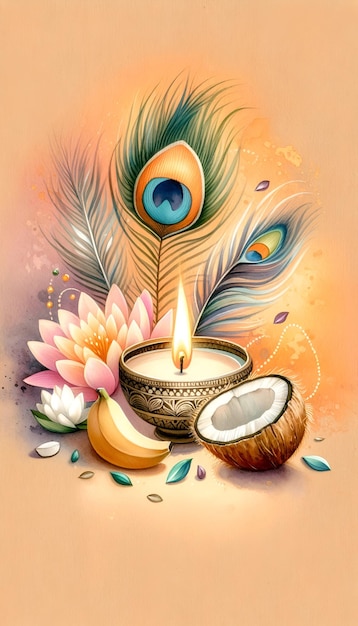 Watercolor thaipusam background with diya lamppeacock feathers and arrangement