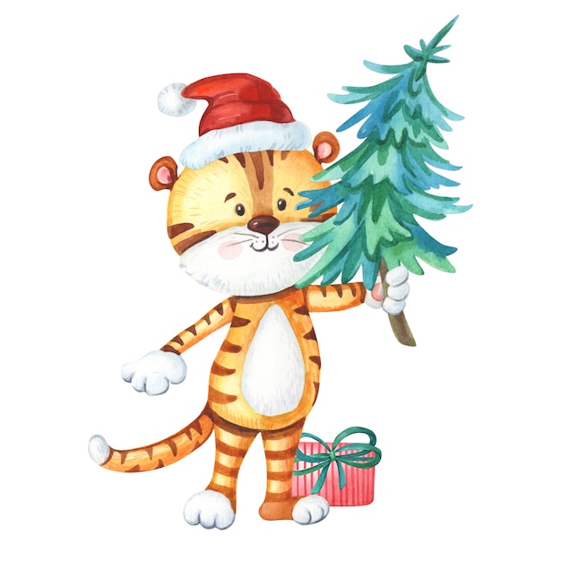 Watercolor tiger with Christmas tree and gift Cute animal for New Year Watercolour illustration