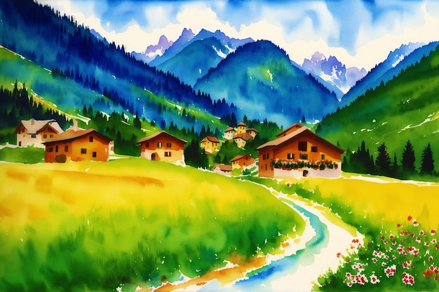 A watercolor town Alpine Tranquility Watercolor Painting of a Swiss Alpine Village Generative AI