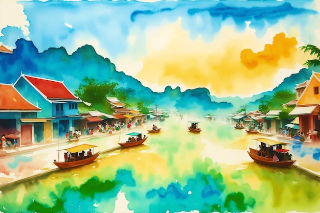 A watercolor town Colors of Thailand Watercolor Painting of a Thai Town Generative AI