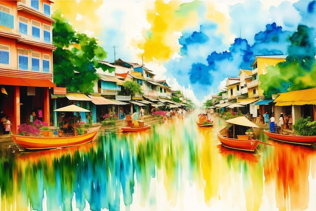 A watercolor town Colors of Thailand Watercolor Painting of a Thai Town Generative AI