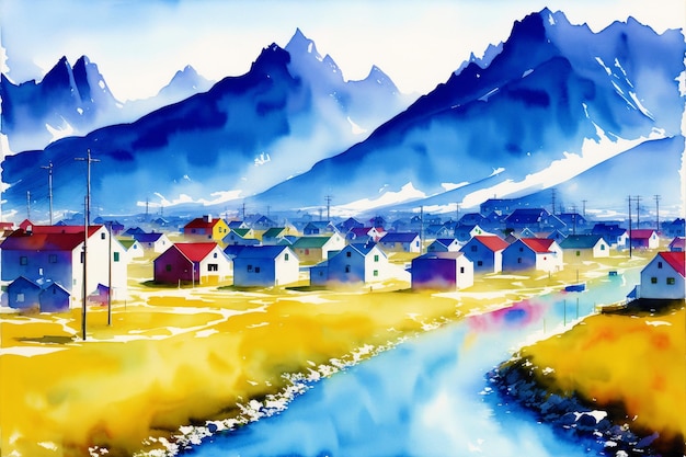 A watercolor town Nordic Serenity Watercolor Painting of a Scandinavian Town Generative AI