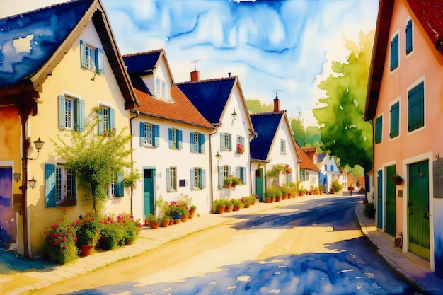 A watercolor town Nordic Serenity Watercolor Painting of a Scandinavian Town Generative AI