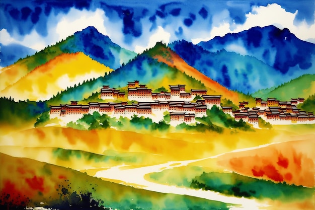 A watercolor town Tibet Enchanting Serenity Watercolor Painting of a Tibetan Village Generative AI