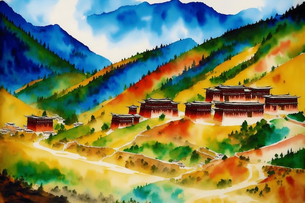 A watercolor town Tibet Enchanting Serenity Watercolor Painting of a Tibetan Village Generative AI