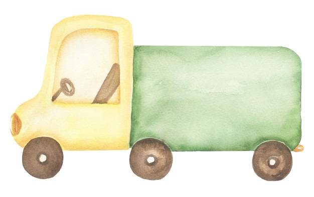 Watercolor transport Illustration Cute truck print clip art hand drawn kids party clipart Yellow and green car nursery transportation Artwork for textiles fabrics souvenirs baby shower greeting card