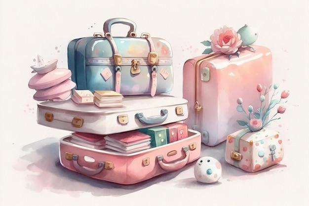 Watercolor travel suitcases in pink colors for adventure